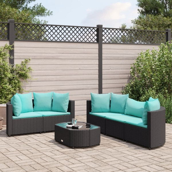 vidaXL 6-tlg. Garten-Sofagarnitur mit Kissen Schwarz Poly Rattan, UV-beständig, 3308420