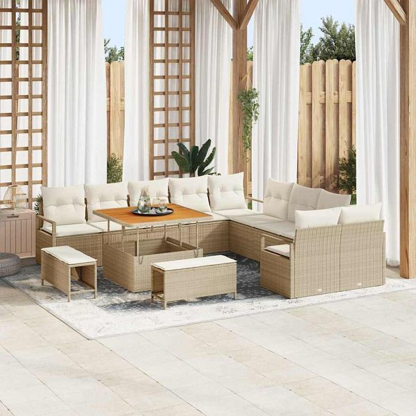 vidaXL Garten-Sofa-Set mit Kissen 13-teilig Beige Poly-Rattan, 3362576