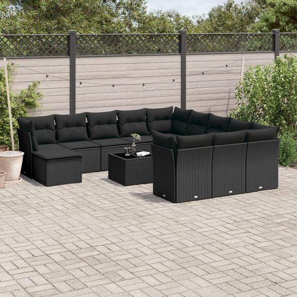 vidaXL 13-teilig Garten-Sofagarnitur mit Kissen Schwarz Poly Rattan, 3218635