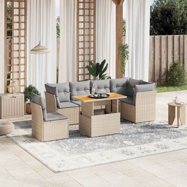 vidaXL 7-teilig Garten-Sofagarnitur mit Kissen Beige Poly Rattan, 3270856