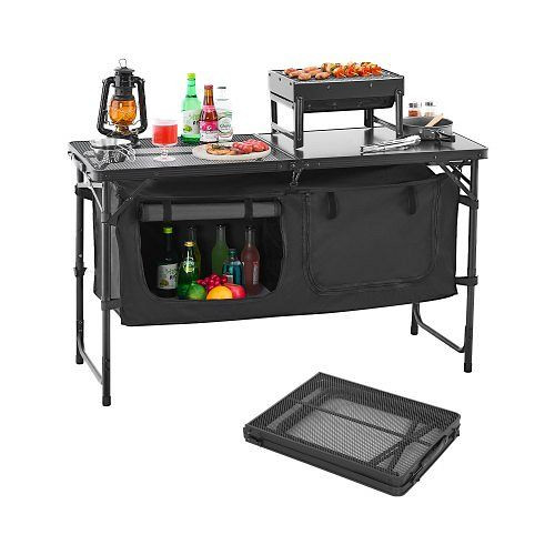 VEVOR Camping Küchentisch klappbar, höhenverstellbar, aus Aluminium mit Organizer & Tragegriff, für Grillpartys, Schwarz, DCCWJKHSTWLSPDQC4V0