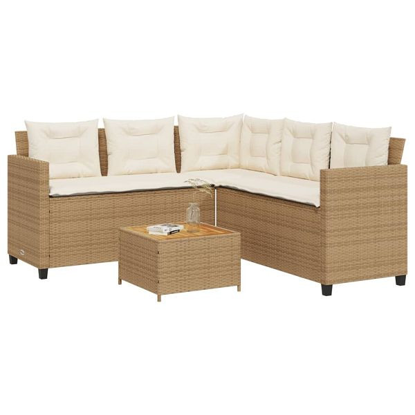 vidaXL Gartensofa in L-Form mit Tisch und Kissen Beige Poly Rattan, 369050