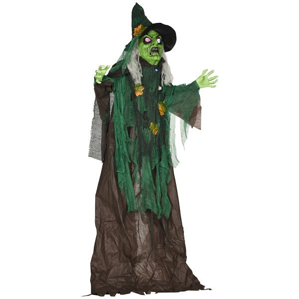 HOMCOM Halloween-Hexe, Halloween-Dekoration, Soundfunktion, mit Bewegungssensor und LED-Lichtern, 60 cm x 18 cm x 183 cm, 844-692V00GN