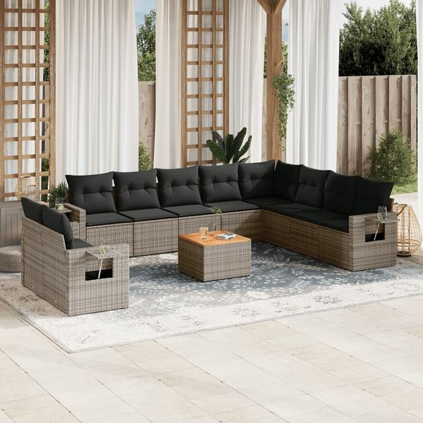 vidaXL 11-teilig Garten-Sofagarnitur mit Kissen Grau Poly Rattan, 3256970