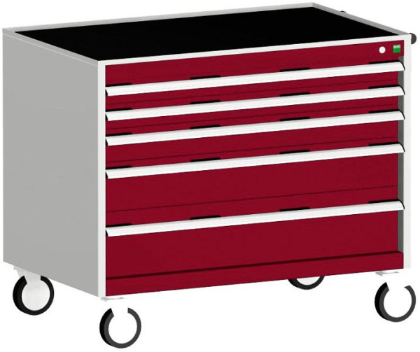 bott cubio Schubladenschrank mobil bestückt mit 5 Schubladen BxTxH: 1050 x 650 x 880 mm, RAL 7035/3004, 40402130.24V