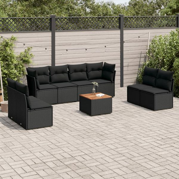 vidaXL 9-teilig Garten-Sofagarnitur mit Kissen Schwarz Poly Rattan, 3223577