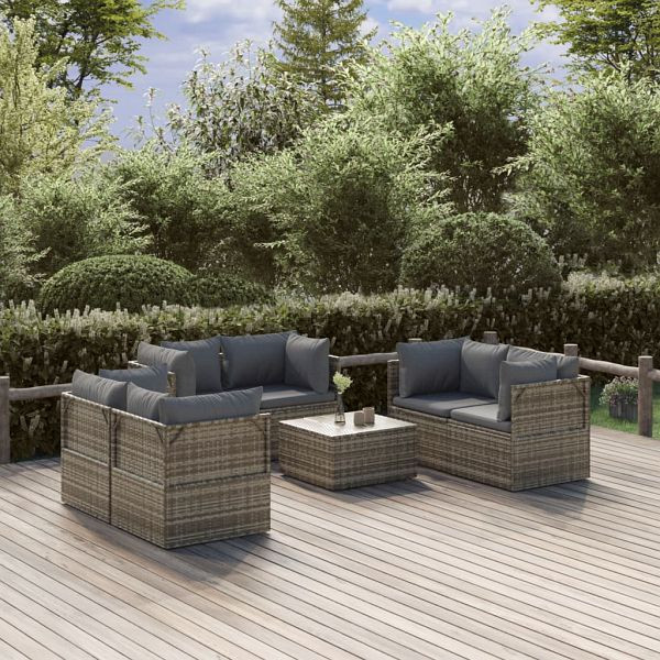 vidaXL 7-teilig Garten-Lounge-Set mit Kissen Grau Poly Rattan, 3157502