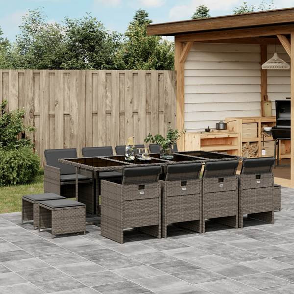 vidaXL 13-tlg. Garten-Essgruppe mit Kissen Grau Poly Rattan, UV-beständig, 3277747