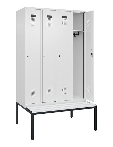 C+P Spind Evolo PLUS, 4 Abteile, 2120x1200x815mm, 9016/9016, Haken 3, Zylinderschloss, Sitzfläche Kunststoff, Sitzbank, 0490507-40 S10101