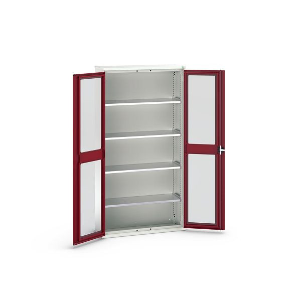 bott verso Flügeltürschrank mit Sichtfenster, mit 4 Fachböden, BxTxH: 1050 x 350 x 2000 mm, Lichtgrau / Purpurrot, 16926273.24