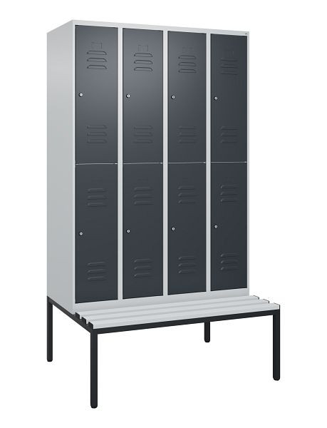 C+P Doppelstöckiger Spind Classic PLUS, 4 Abteile, 2120x1200x815mm, 7035/7016, Zylinderschlösser, mit untergebauter Sitzbank, 0803507-40 S10023