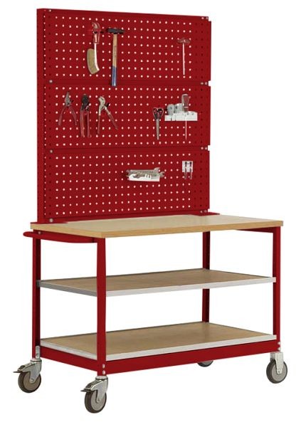 Manuflex Mobile Werkbank Modell 3 mit geölter Multiplex-Abdeckplatte 30 mm BxTxH 1135 x 590 x 810 mm, rubinrot, MW2011.3003