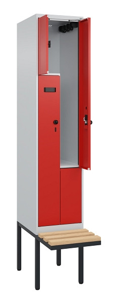 C+P Z-Spind Evolo PLUS, Bank, 2 Fächer, 2120x400x815mm, 7035/3020, Drehriegel, Sitzfläche Holz, 0490437-122 S10012