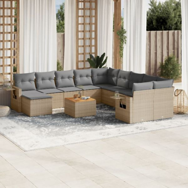 vidaXL 12-tlg. Garten-Sofagarnitur mit Kissen Beige Poly Rattan, 3257193