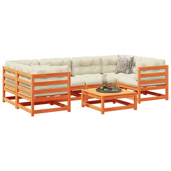 vidaXL 7-teilig Garten-Sofagarnitur mit Kissen Wachsbraun Kiefernholz, 3299313