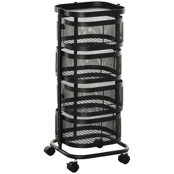 HOMCOM Servierwagen mit 4 Ebenen drehbar Küchenwagen mit Rollen Drahtkorb Rollwagen mit oberen Regal 33x33x77 cm Schwarz, 850-184