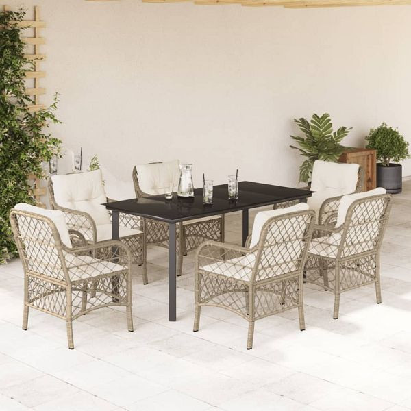 vidaXL 7-teilig Garten-Essgruppe mit Kissen Beige Poly Rattan, 3212149