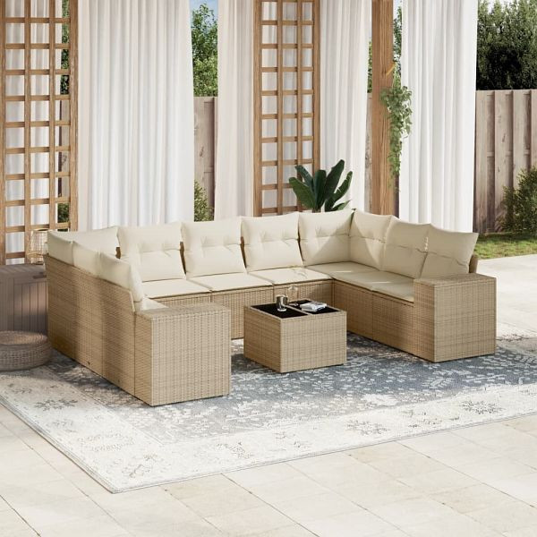 vidaXL 10-teilig Garten-Sofagarnitur mit Kissen Beige Poly Rattan, 3223007