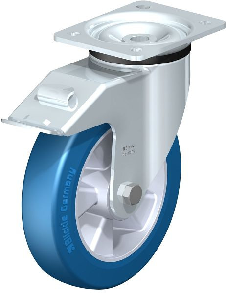 Blickle LK-ALBS 200K-FI Stahlblech-Lenkrolle, schwere Ausführung, mit Anschraubplatte & Feststeller, Blickle Besthane® Soft, Blau, 742709