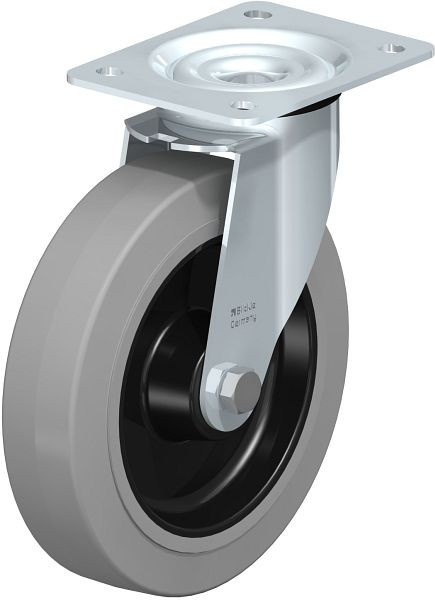 Blickle LE-POEV 200R-SG Stahlblech-Lenkrolle mit Anschraubplatte, Elastik-Vollgummi, Grau, 387548