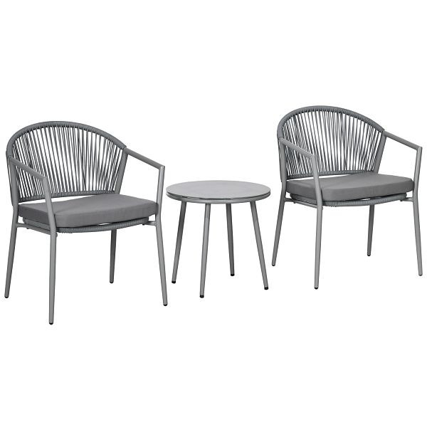 Outsunny Gartenmöbel-Set, 2 Stühle & 1 Tisch mit Glasplatte, Rattanoptik, wetterfest, Metallrahmen, Grau, 863-150V00LG