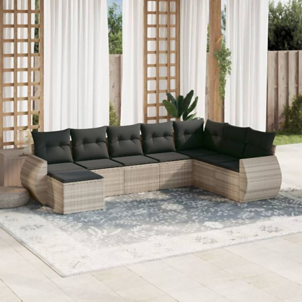 vidaXL 8-tlg. Garten-Sofagarnitur mit Kissen Hellgrau Poly Rattan, 3221761