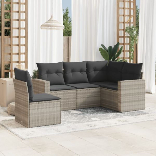 vidaXL 5-tlg. Garten-Sofagarnitur mit Kissen Hellgrau Poly Rattan, 3251309