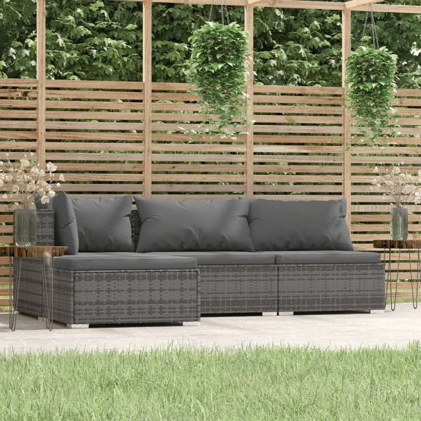 vidaXL 4-teilig Garten-Lounge-Set mit Kissen Grau Poly Rattan, 317512