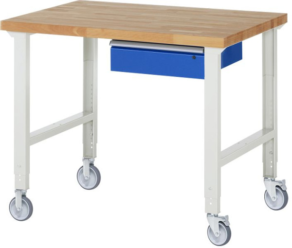 RAU Fahrbare Werkbank (höhenverstellbar) 7001A1, 1250x900x950-1000mm, je 2 Bockrollen und Lenkrollen, 05-7001A1-129B4H22.11