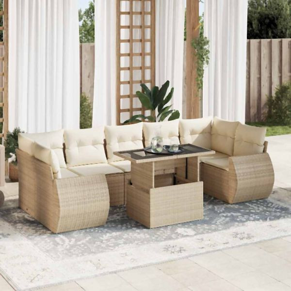 vidaXL 8-tlg. Garten-Sofagarnitur mit Kissen Beige Poly Rattan, 3326599