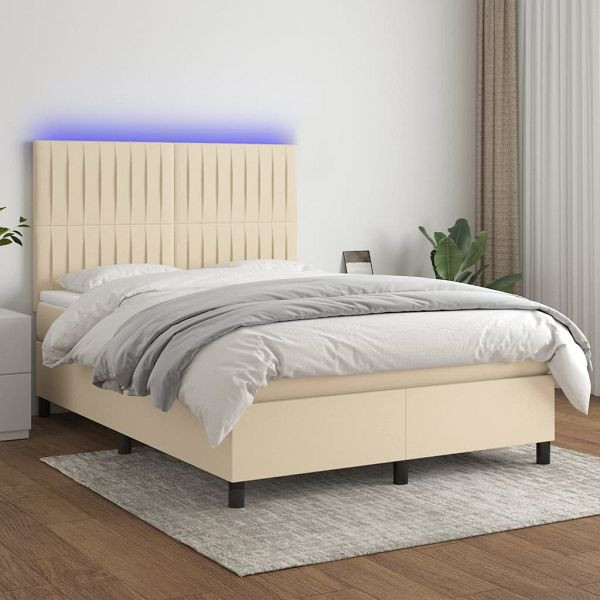 vidaXL Boxspringbett mit Matratze & LED Creme 140x190 cm Stoff, 3135034