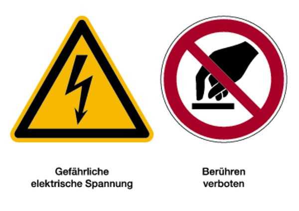 Schilder Klar Warnzeichen Kombischild Elektrische Spannung / Berühren verboten, 210x148 mm Folie selbstklebend, 7149/63