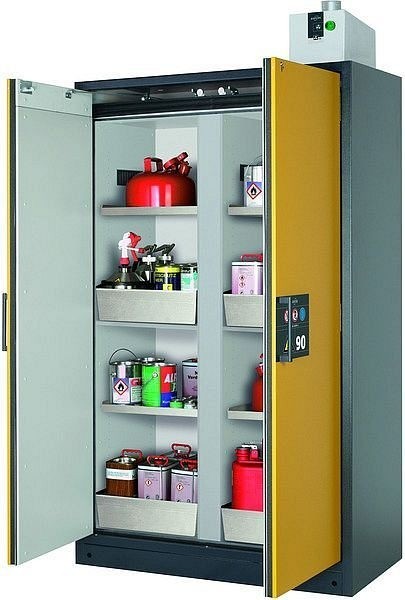 asecos Sicherheitsschrank Q-Classic-90 getrennt, Modell Q90.195.120, 4xFachboden 4xBodenwanne (Edelstahl), RAL1004, 3421404034207