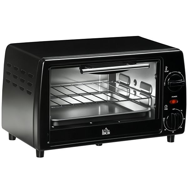 HOMCOM Mini-Ofen Toasterofen, 1 Backblech, 1 Grillrost, 10 L Kapazität, Timer-Funktion, 36,5 x 26 x 22 cm, Schwarz, 800-084V90BK