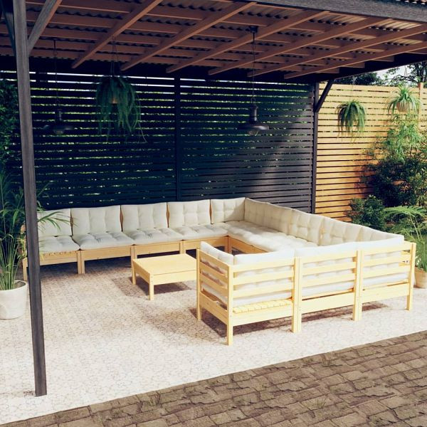 vidaXL 12-teilig Garten-Lounge-Set mit Creme Kissen Kiefernholz, 3097025