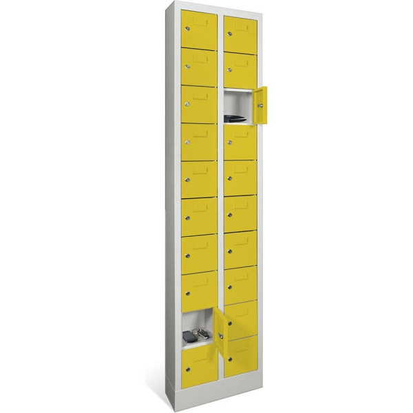 Deskin Kleinfachschrank 2 x 10 Fächer, Zinkgelb RAL 1018, 460 x 200 x 1950 mm, mit Etikettenrahmen, 270394