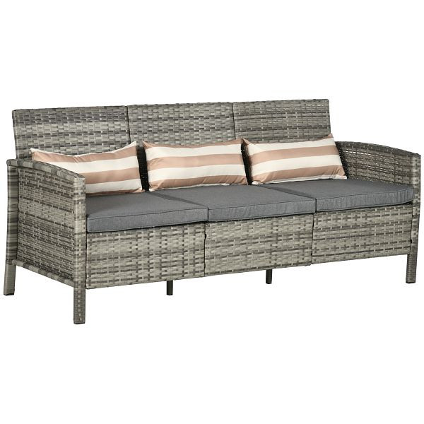 Outsunny Rattan Sofa mit Kissen, Dreisitzer, Garten Loungesofa, Stahl, Grau, 173 x 68 x 78 cm, 860-085