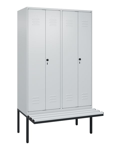 C+P Umkleidespind Classic PLUS, Doppel-Spind, 4 Abteile, 2120x1200x815mm, 7035/7035, Drehriegel, Untergestell & Sitzfläche, 0800427-40P S10039