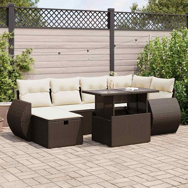 vidaXL 7-tlg. Garten-Sofagarnitur mit Kissen Braun Poly Rattan, 3327903