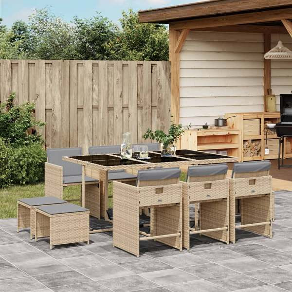 vidaXL 11-tlg. Garten-Essgruppe mit Kissen Beigemischung Poly Rattan, UV-beständig, 3277919