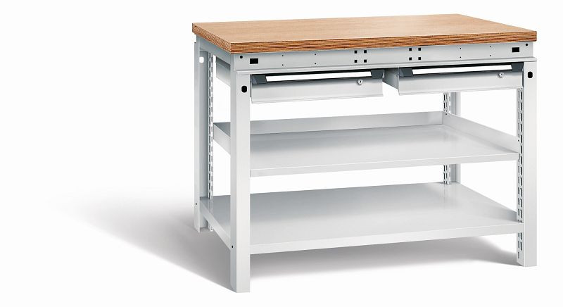Otto Kind Werkbank Serie function Typ 209, Multiplexplatte 40 mm, bündig, 2 Schubladen 120 mm, komplett RAL 7035, 072339117