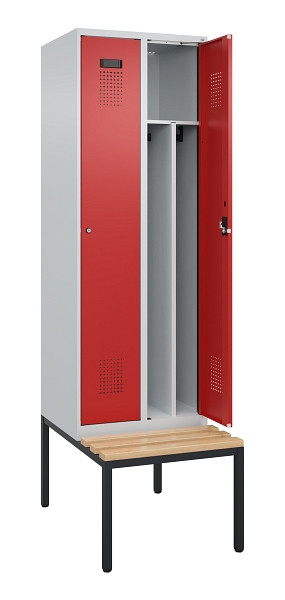 C+P Spind Evolo PLUS, 2 Abteile, 2120x600x815mm, 7035/3000, Zylinderschloss, Sitzfläche Buche-Hartholz, Sitzbank, 0490507-20F S10030