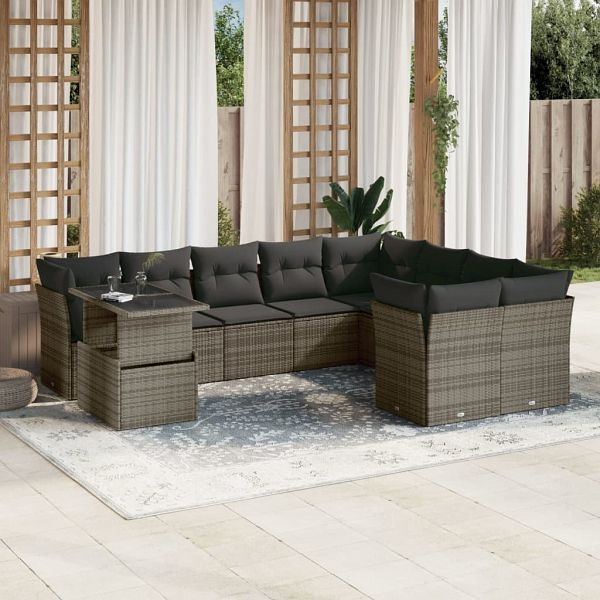 vidaXL 10-teilig Garten-Sofagarnitur mit Kissen Grau Poly Rattan, 3266850