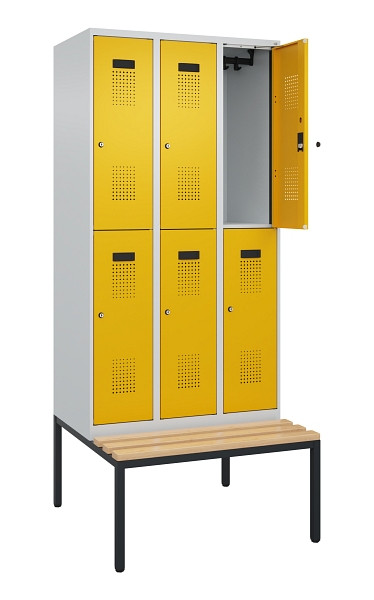 C+P Doppelstock-Spind Evolo PLUS, Bank, 6 Fächer, 2120x900x815mm, 7035/1004, Zylinderschloss, Sitzfläche Buche-Hartholz, Sitzbank, 0493507-30 S10027