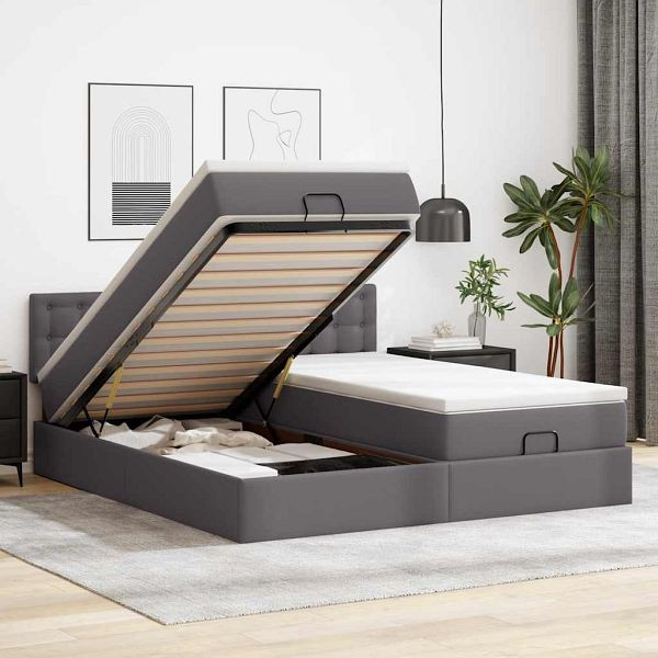 vidaXL Ottoman-Bett mit Matratzen & LEDs Grau 160x200 cm Kunstleder, 3312803
