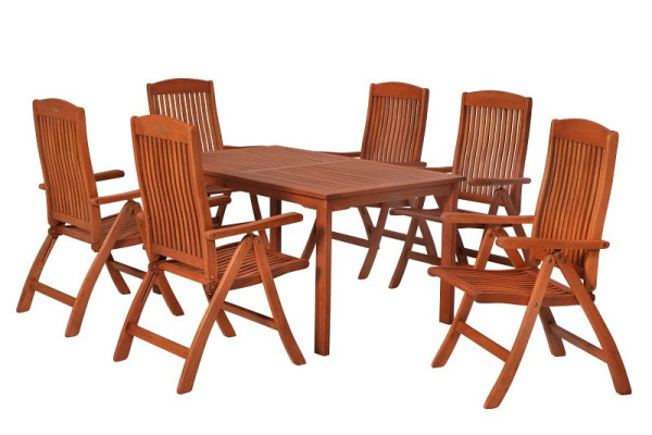 Merxx Maracaibo Set 7-teilig, 6 Maracaibo Klappsessel, Rückenlehne 5-fach verstellbar, 1 Tisch 150 x 90 cm, FSC Eukalyptusholz, 51080-011