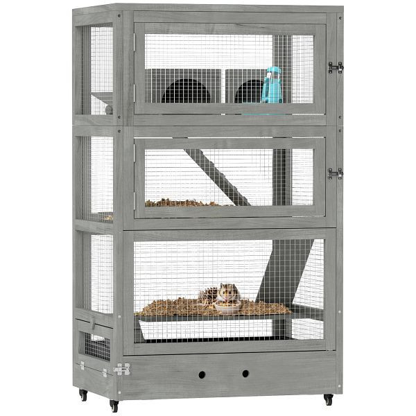 PawHut 4-stufiger Hamsterkäfig aus Holz, mit Hütten, Wippe, Futterschalen, Rampen, Rollen, 65 x 45 x 109 cm, Grau, D51-444V00GY