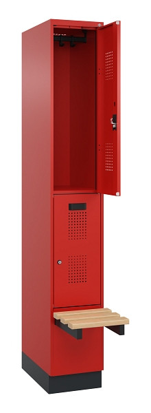C+P Doppelstock-Spind Evolo PLUS, Bank, 2 Fächer, 1950x300x815mm, 3020/3020, Zylinderschloss, Sitzfläche Buche-Hartholz, mit Sockel, 049340-10 S10052