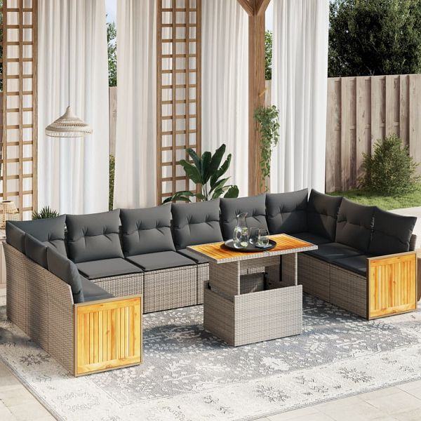 vidaXL 11-teilig Garten-Sofagarnitur mit Kissen Grau Poly Rattan, 3274133