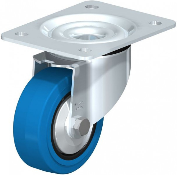 Blickle LK-POEV 100R-3-SB-FA Stahlblech-Lenkrolle, schwere Ausführung, mit Anschraubplatte, Elastik-Vollgummi, Blau, 750336